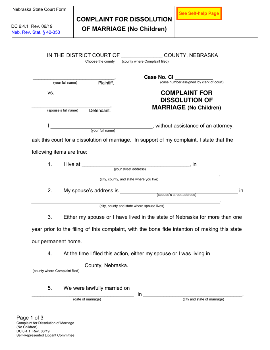 Form DC6:4.1 Complaint for Dissolution of Marriage (No Children) - Nebraska, Page 1