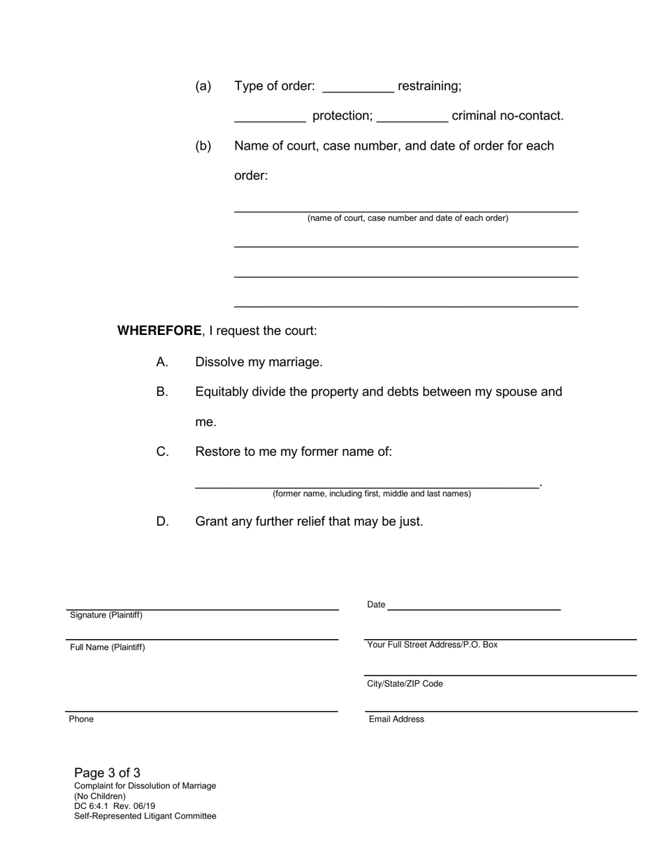 Form DC6:4.1 Complaint for Dissolution of Marriage (No Children) - Nebraska, Page 3