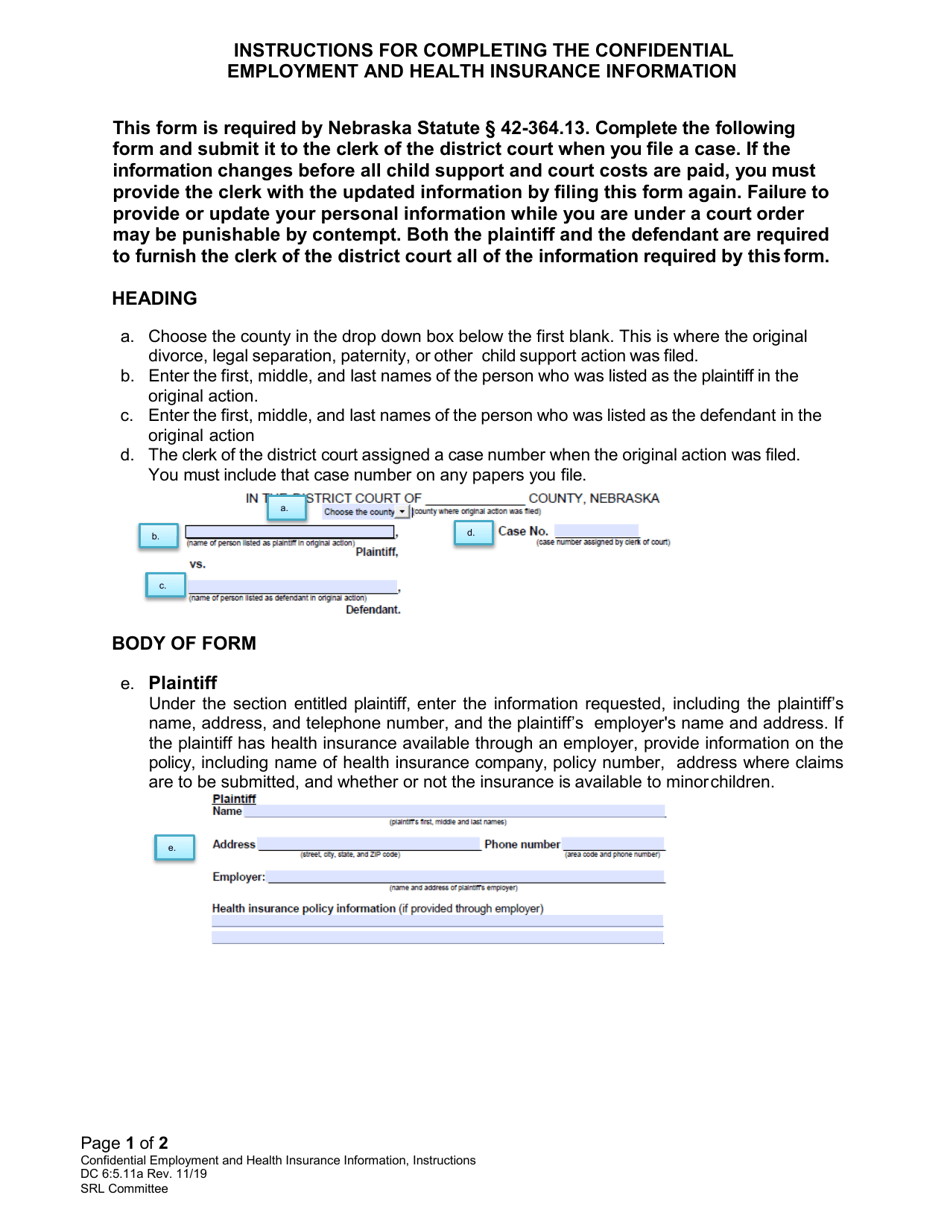 Instructions for Form DC6:5.11 Confidential Employment and Health Insurance Information - Nebraska, Page 1