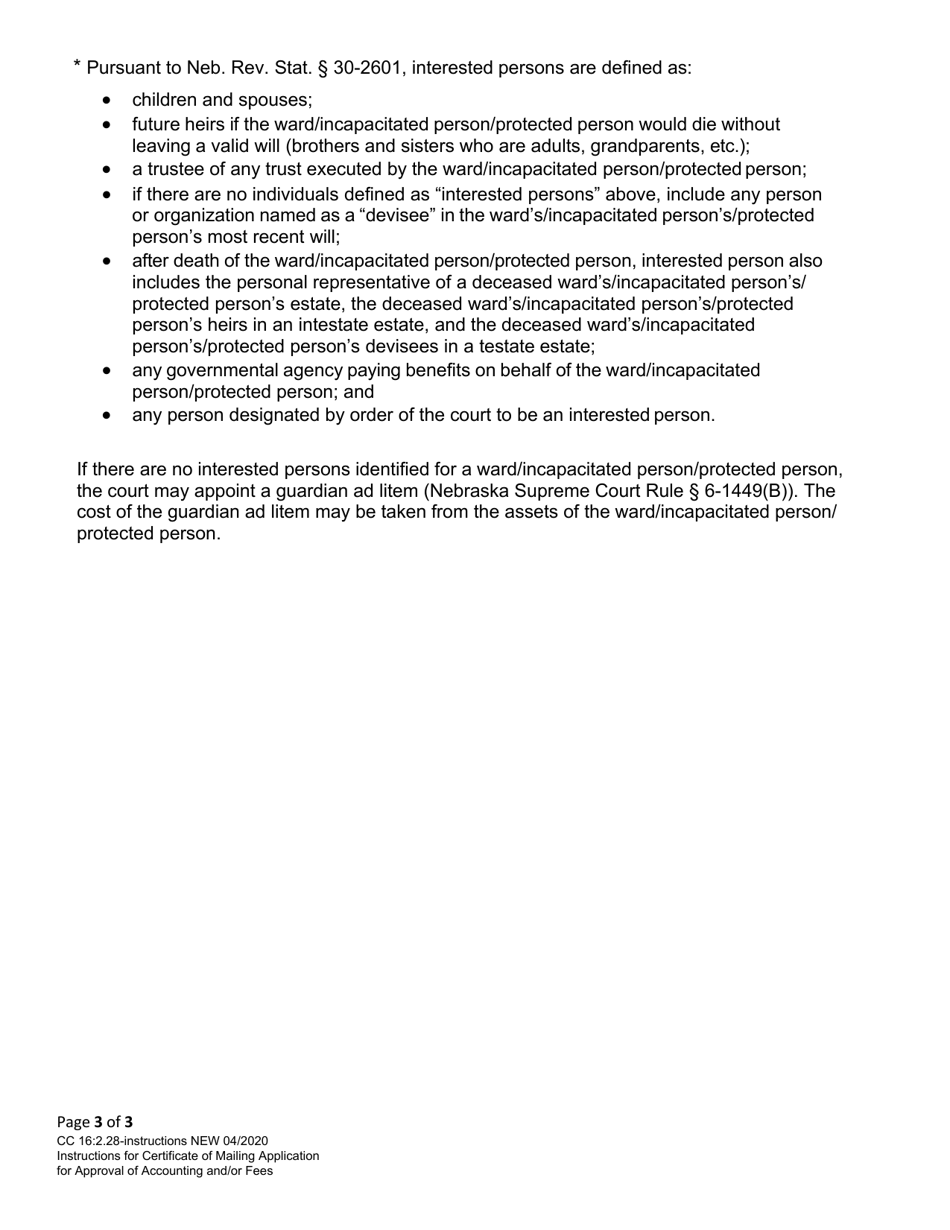 Instructions for Form CC16:2.28 Certificate of Mailing Application for Approval of Accounting and / or Fees - Nebraska, Page 3