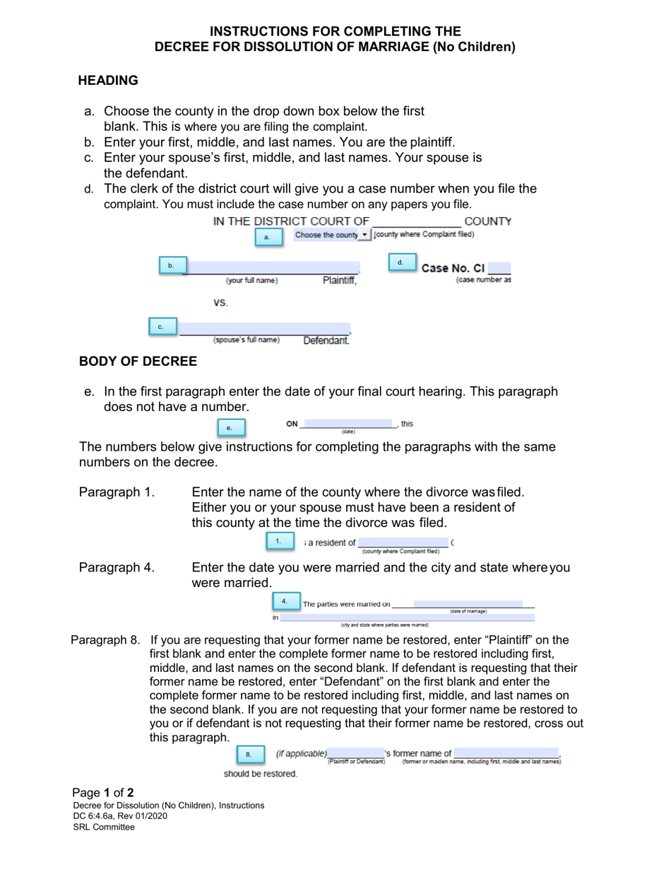 Instructions for Form DC6:4.6 Decree of Dissolution (No Children) - Nebraska, Page 1