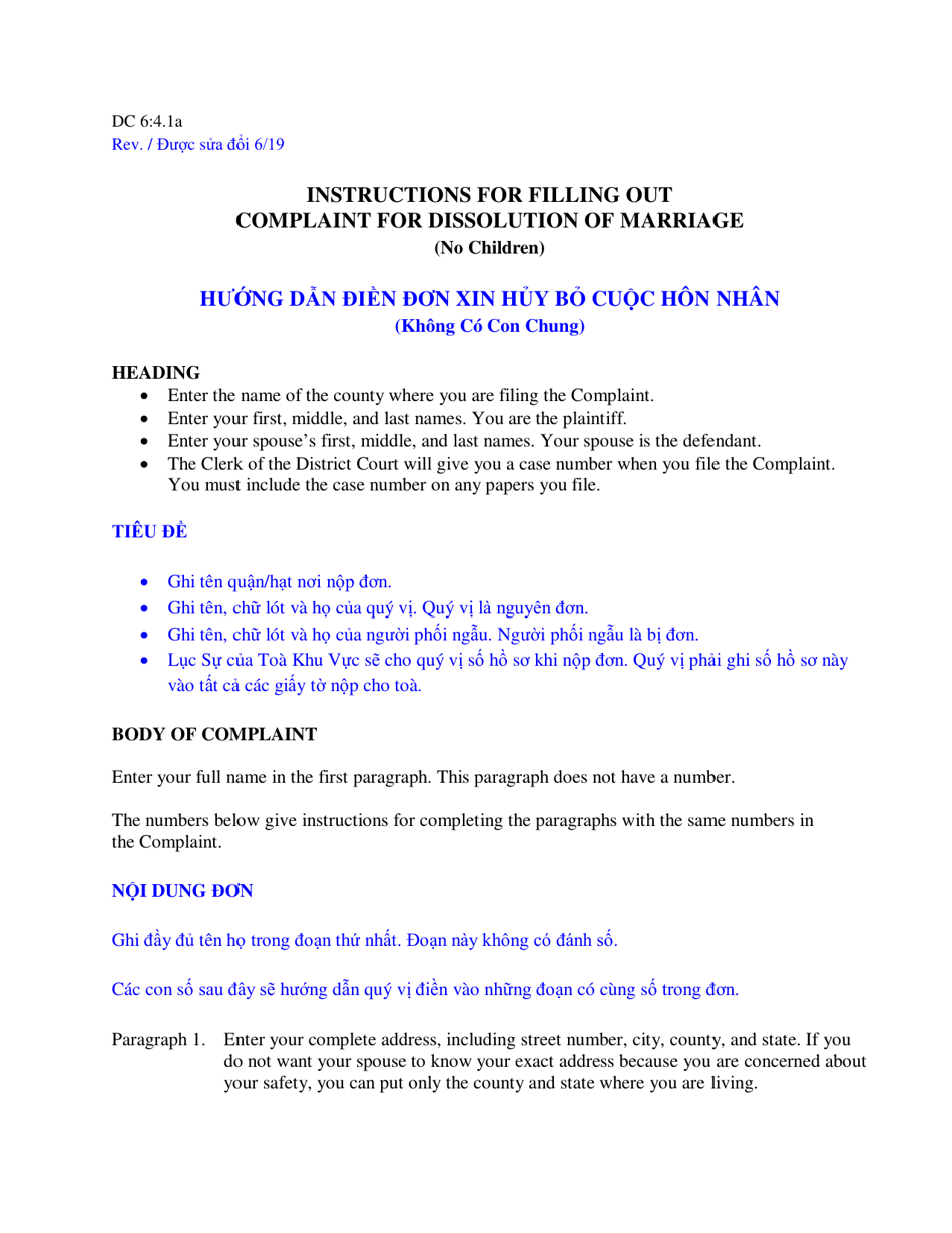 Instructions for Form DC6:4.1 Complaint for Dissolution of Marriage (No Children) - Nebraska (English / Vietnamese), Page 1