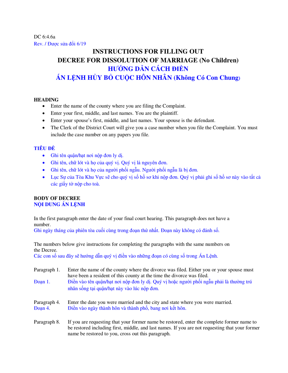 Instructions for Form DC6:4.6 Decree (No Children) - Nebraska (English / Vietnamese), Page 1