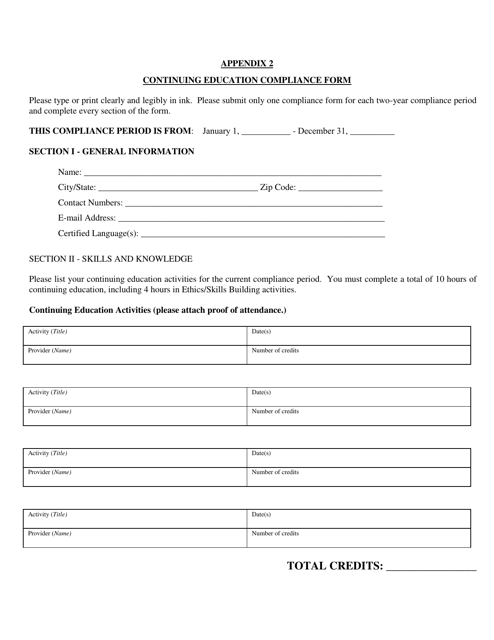 Form CH6ART7APP2 Appendix 2 Continuing Education Compliance Form - Nebraska