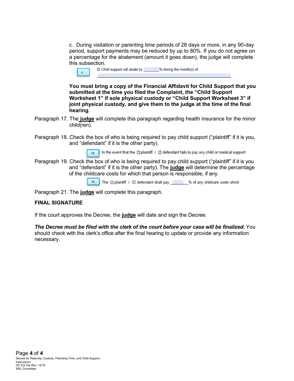 Instructions for Form DC6:8.10 Decree of Paternity, Custody, Parenting Time, and Child Support - Nebraska, Page 4