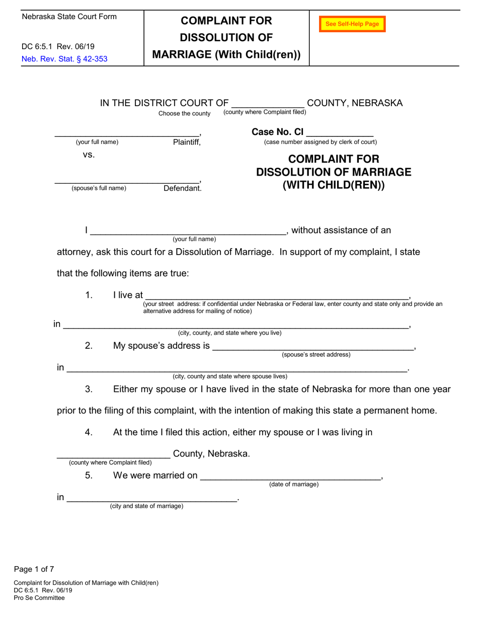 Form DC6:5.1 Complaint for Dissolution of Marriage (With Child(Ren)) - Nebraska, Page 1