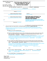 Document preview: Form DC19:8 Petition and Affidavit to Obtain Domestic Abuse Protection Order - Nebraska (English/Spanish)