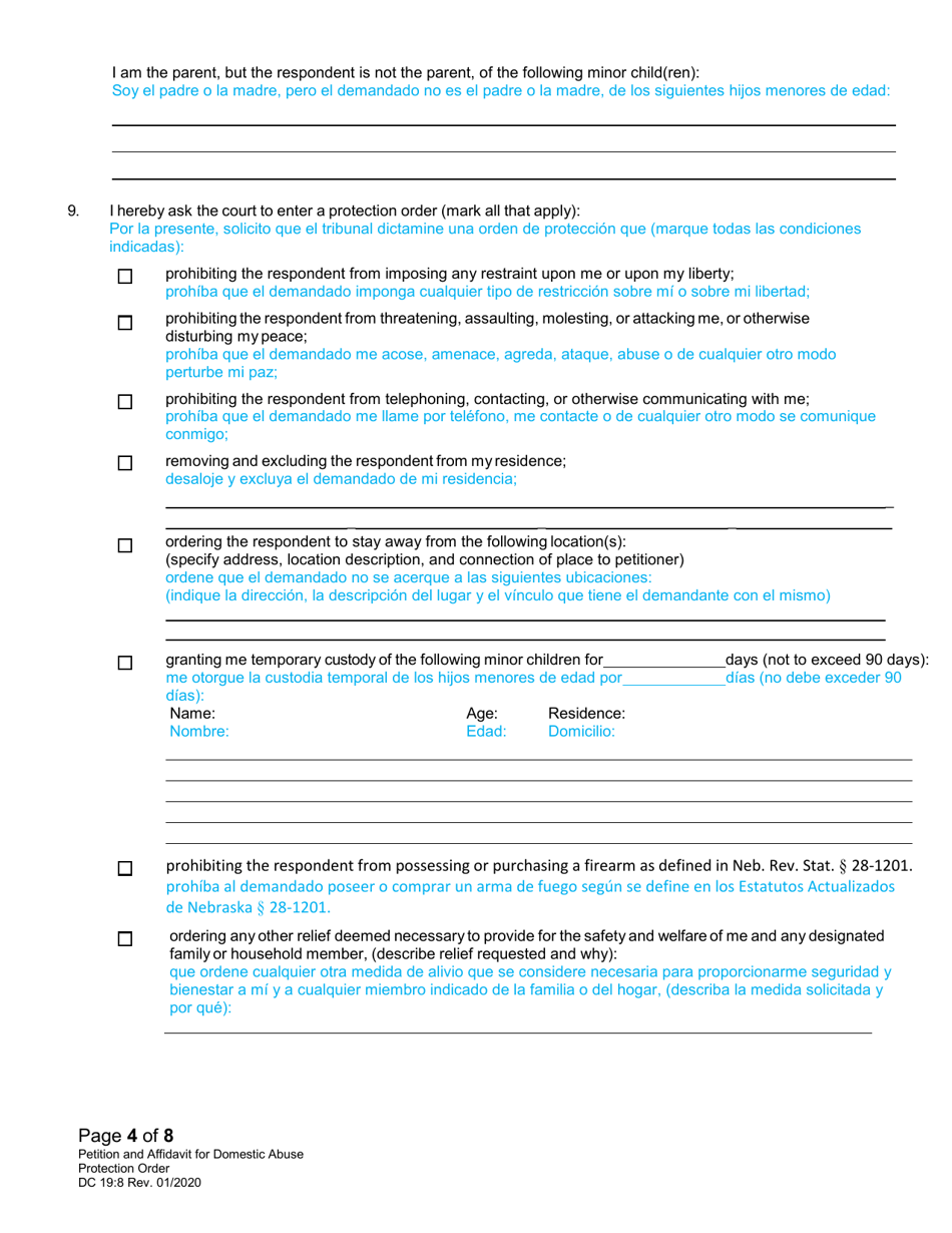 Form DC19:8 Petition and Affidavit to Obtain Domestic Abuse Protection Order - Nebraska (English / Spanish), Page 4