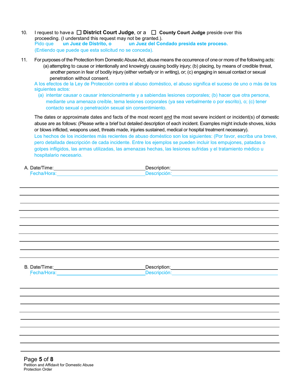 Form DC19:8 Petition and Affidavit to Obtain Domestic Abuse Protection Order - Nebraska (English / Spanish), Page 5