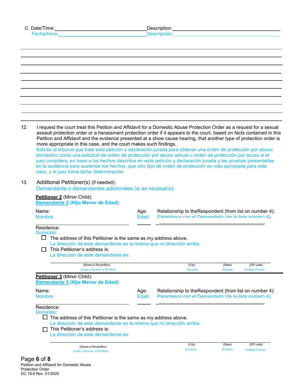 Form DC19:8 Petition and Affidavit to Obtain Domestic Abuse Protection Order - Nebraska (English / Spanish), Page 6