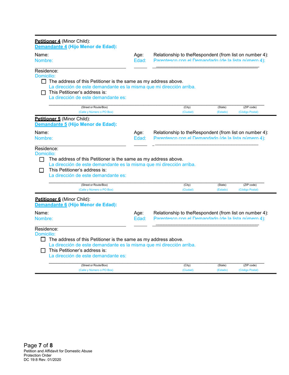Form DC19:8 Petition and Affidavit to Obtain Domestic Abuse Protection Order - Nebraska (English / Spanish), Page 7