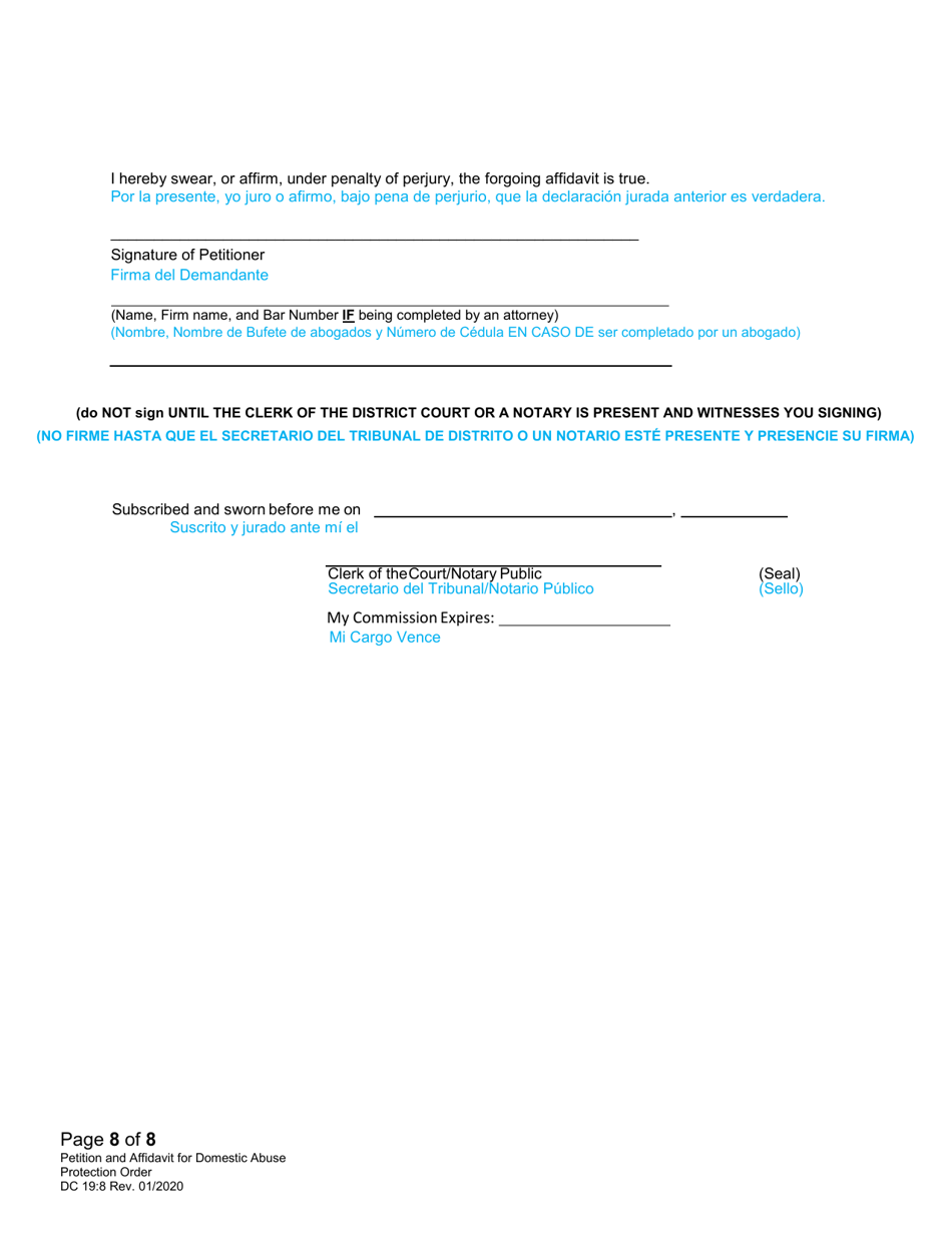 Form DC19:8 Petition and Affidavit to Obtain Domestic Abuse Protection Order - Nebraska (English / Spanish), Page 8