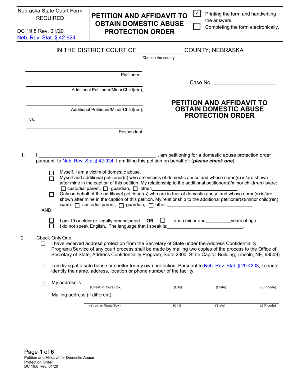 Form DC19:8 Petition and Affidavit to Obtain Domestic Abuse Protection Order - Nebraska, Page 1