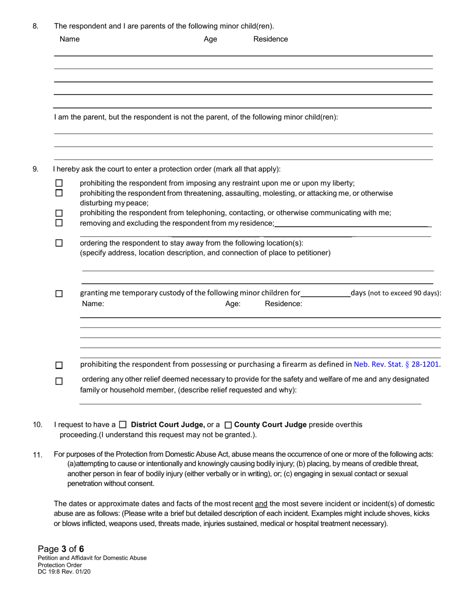 Form DC19:8 Petition and Affidavit to Obtain Domestic Abuse Protection Order - Nebraska, Page 3