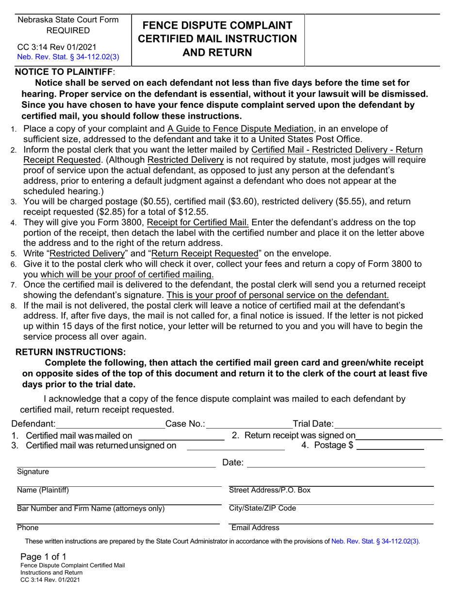Form CC3:14 Fence Dispute Complaint Certified Mail Instruction and Return - Nebraska, Page 1