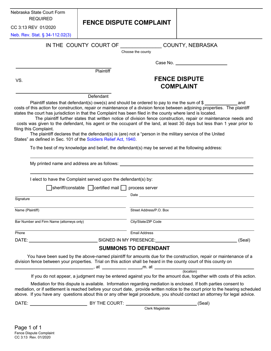 Form CC3:13 Fence Dispute Complaint - Nebraska, Page 1