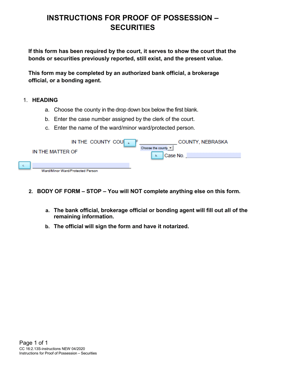 Instructions for Form CC16:2.13S Certificate of Proof of Possession - Securities - Nebraska, Page 1