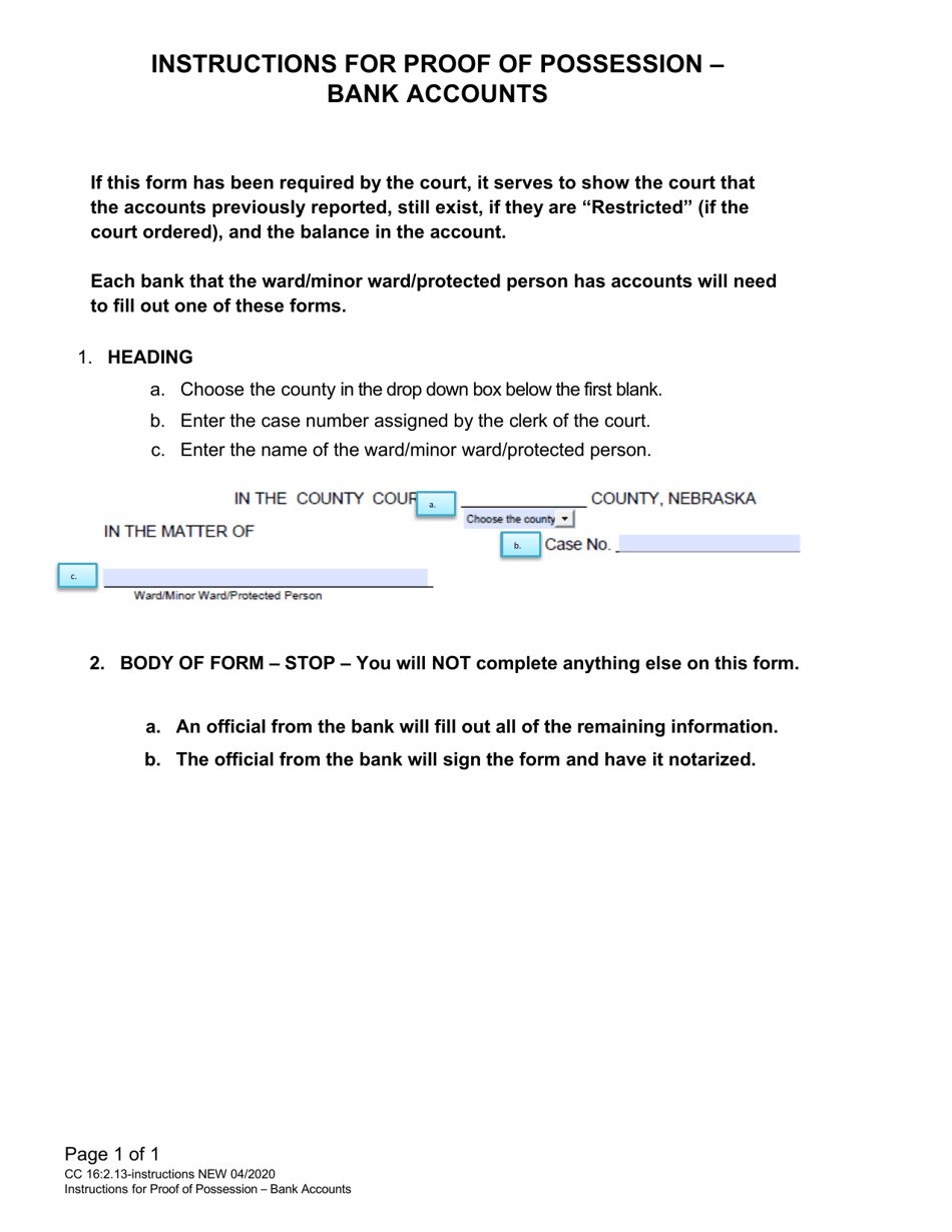 Instructions for Form CC16:2.13 Certificate of Proof of Possession - Bank Accounts - Nebraska, Page 1