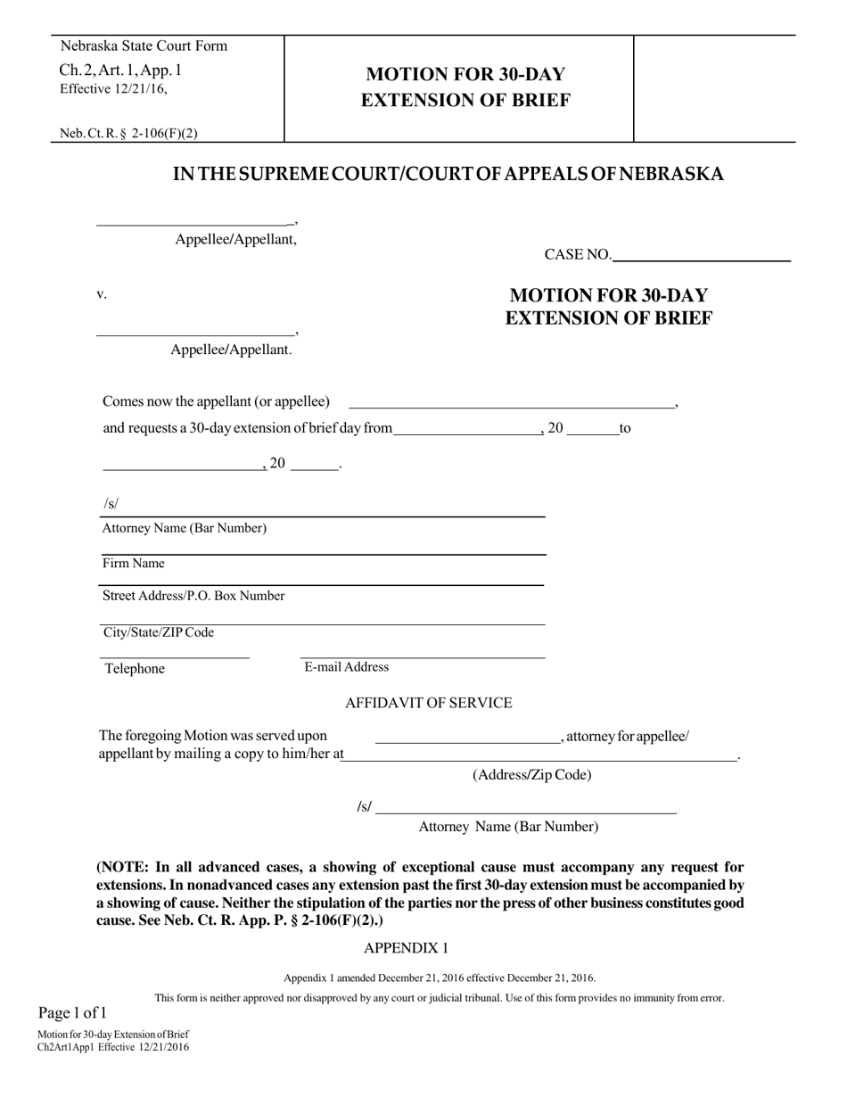 Form CH2ART1APP1 Motion for 30-day Extension of Brief - Nebraska, Page 1