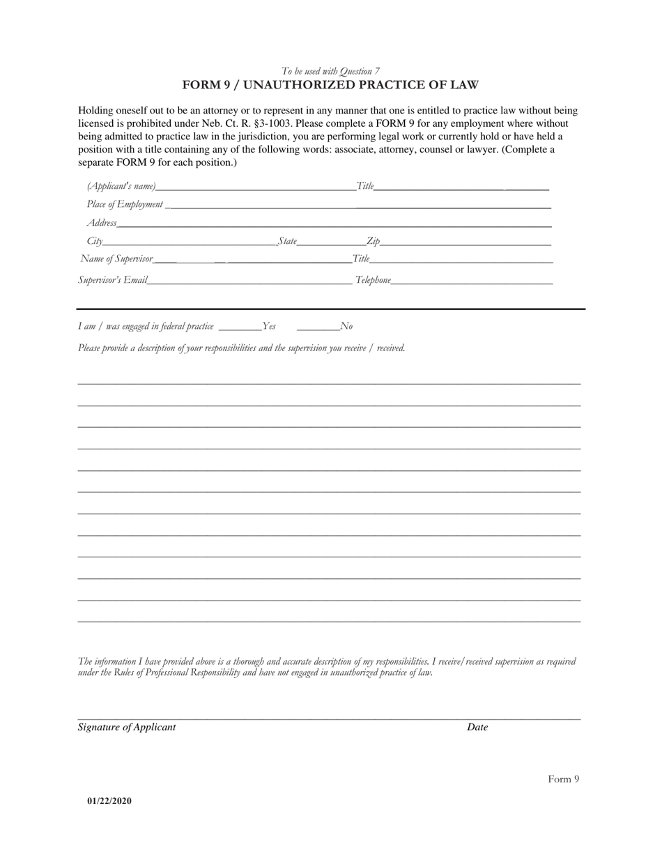 Form 9 Unauthorized Practice of Law - Nebraska, Page 1