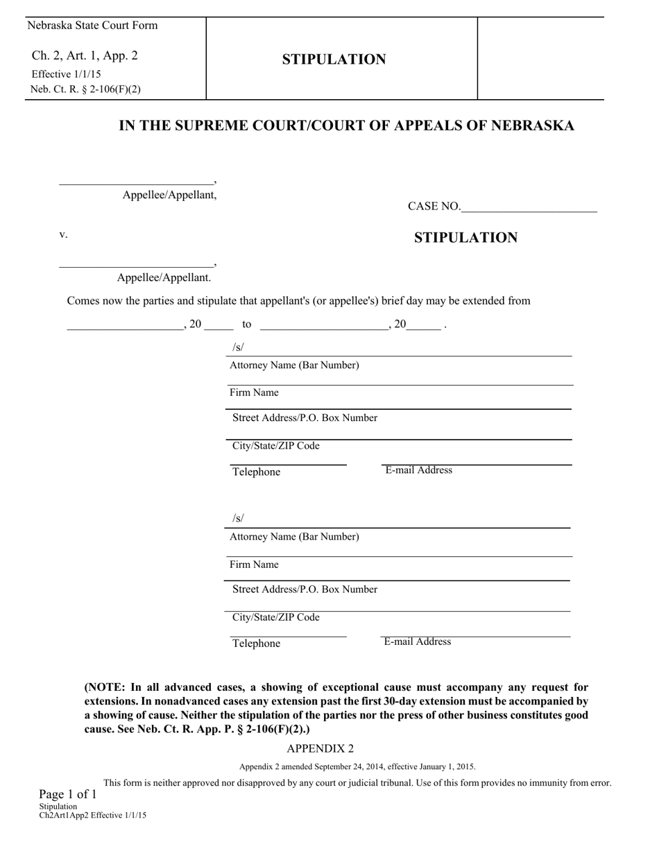 Form CH2ART1APP2 Stipulation - Nebraska, Page 1