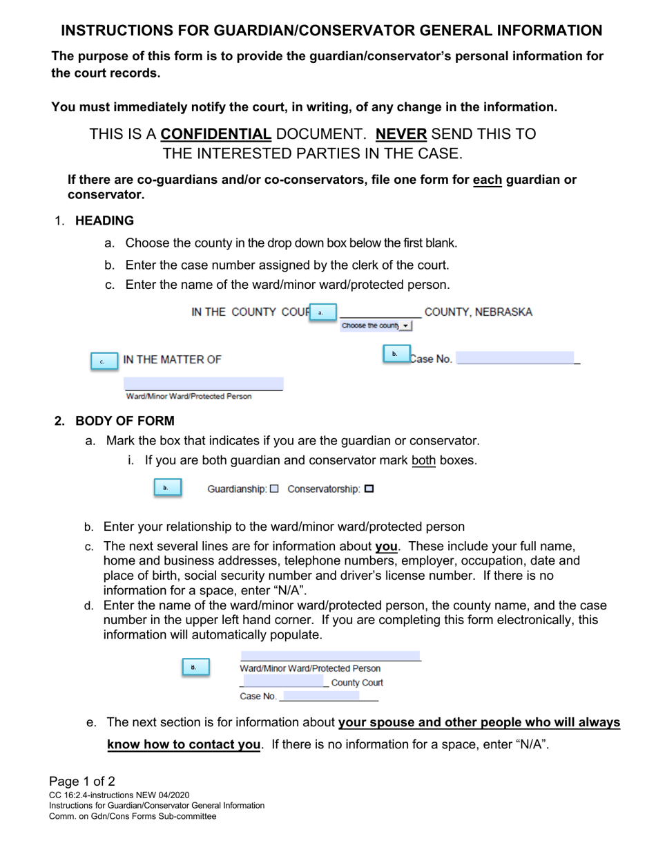 Instructions for Form CC16:2.4 Guardian / Conservator General Information - Nebraska, Page 1
