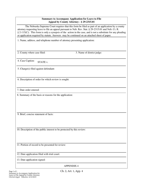 Form CH2ART1APP4 Summary to Accompany Application for Leave to File Appeal by County Attorney - Nebraska