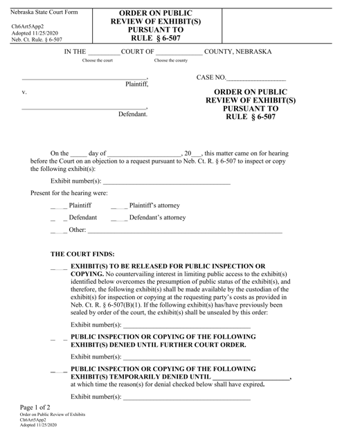 Form CH6ART5APP2 Order on Public Review of Exhibit(S) Pursuant to Rule 6-507 - Nebraska