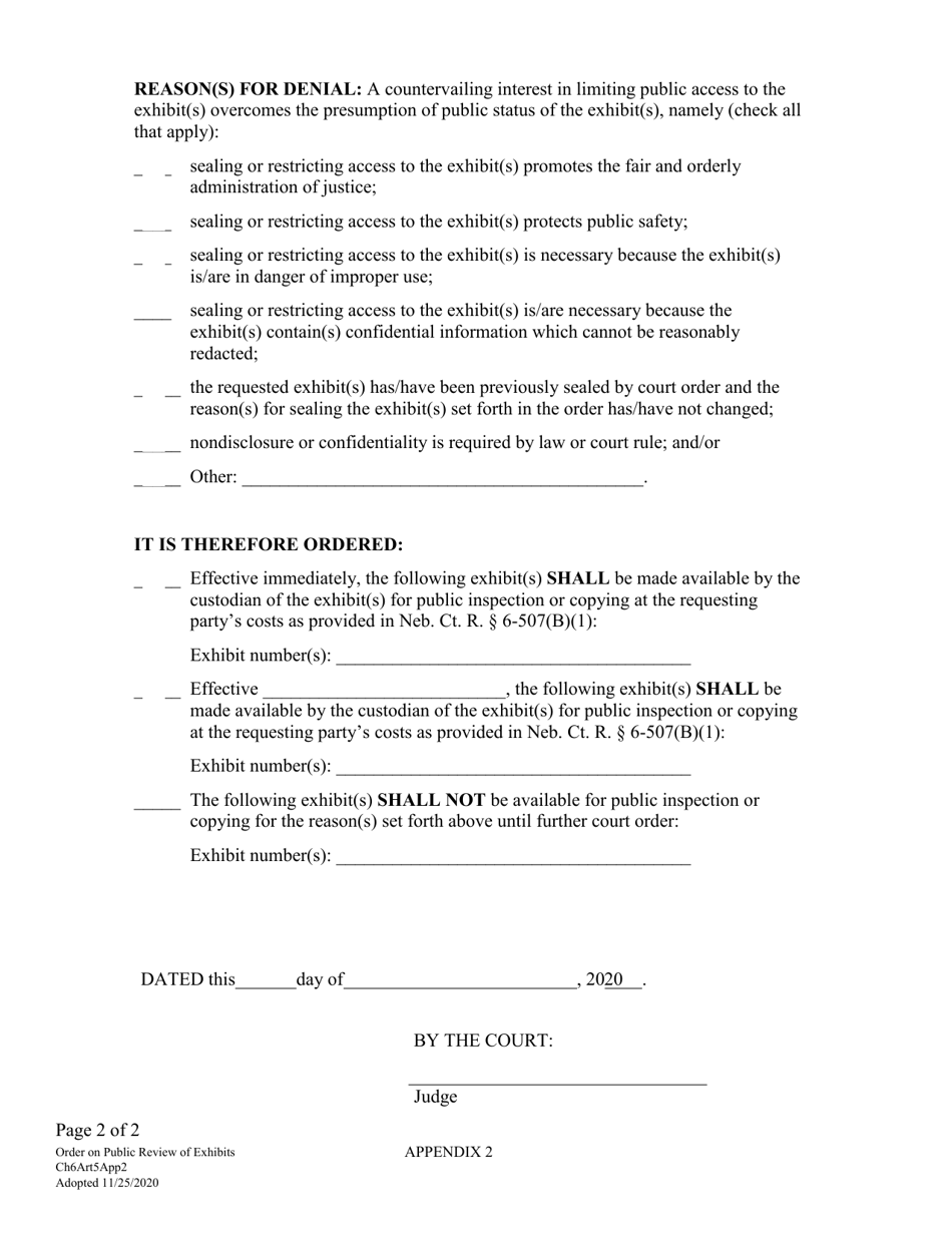 Form CH6ART5APP2 Order on Public Review of Exhibit(S) Pursuant to Rule 6-507 - Nebraska, Page 2