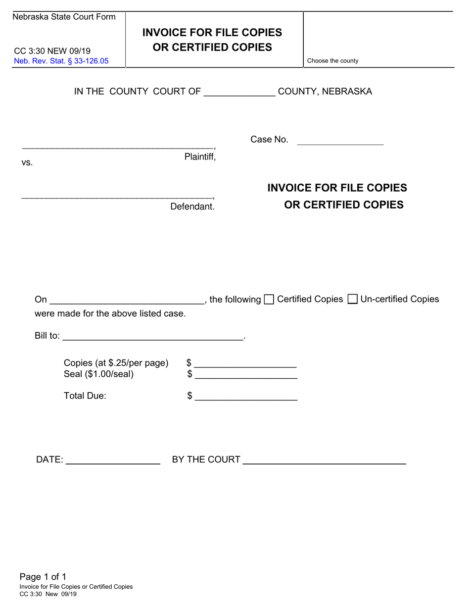 Form CC3:30 Invoice for File Copies or Certified Copies - Nebraska, Page 1