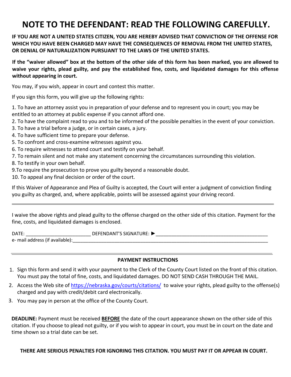 Form CH6ART14APP5E Manual Uniform Citation and Complaint Forms - Defendants Copy Back - Nebraska, Page 1