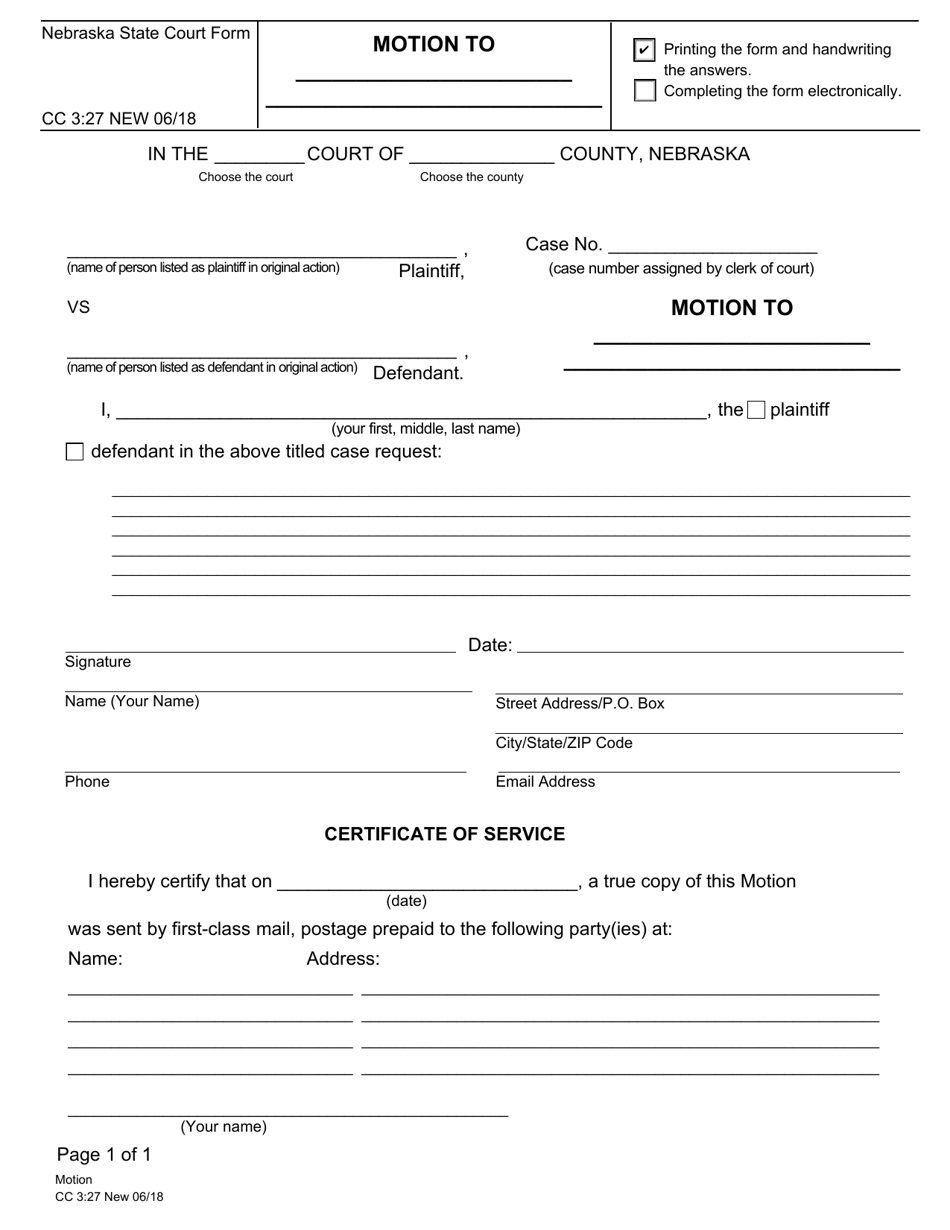 Form CC3:27 Motion (Generic) - Nebraska, Page 1