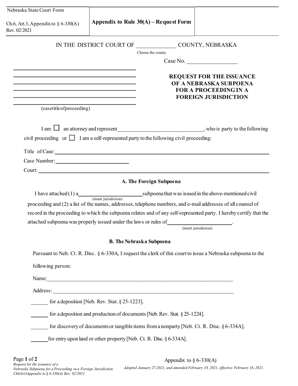 Form CH6ART3APP30A Request for the Issuance of a Nebraska Subpoena for a Proceeding in a Foreign Jurisdiction - Nebraska, Page 1