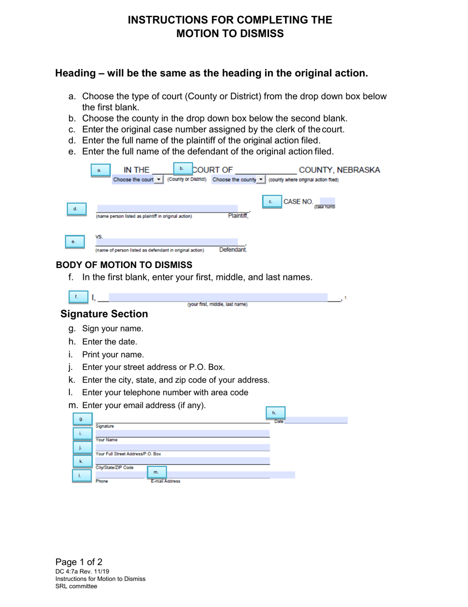 Instructions for Form DC4:7 Motion to Dismiss - Nebraska, Page 1