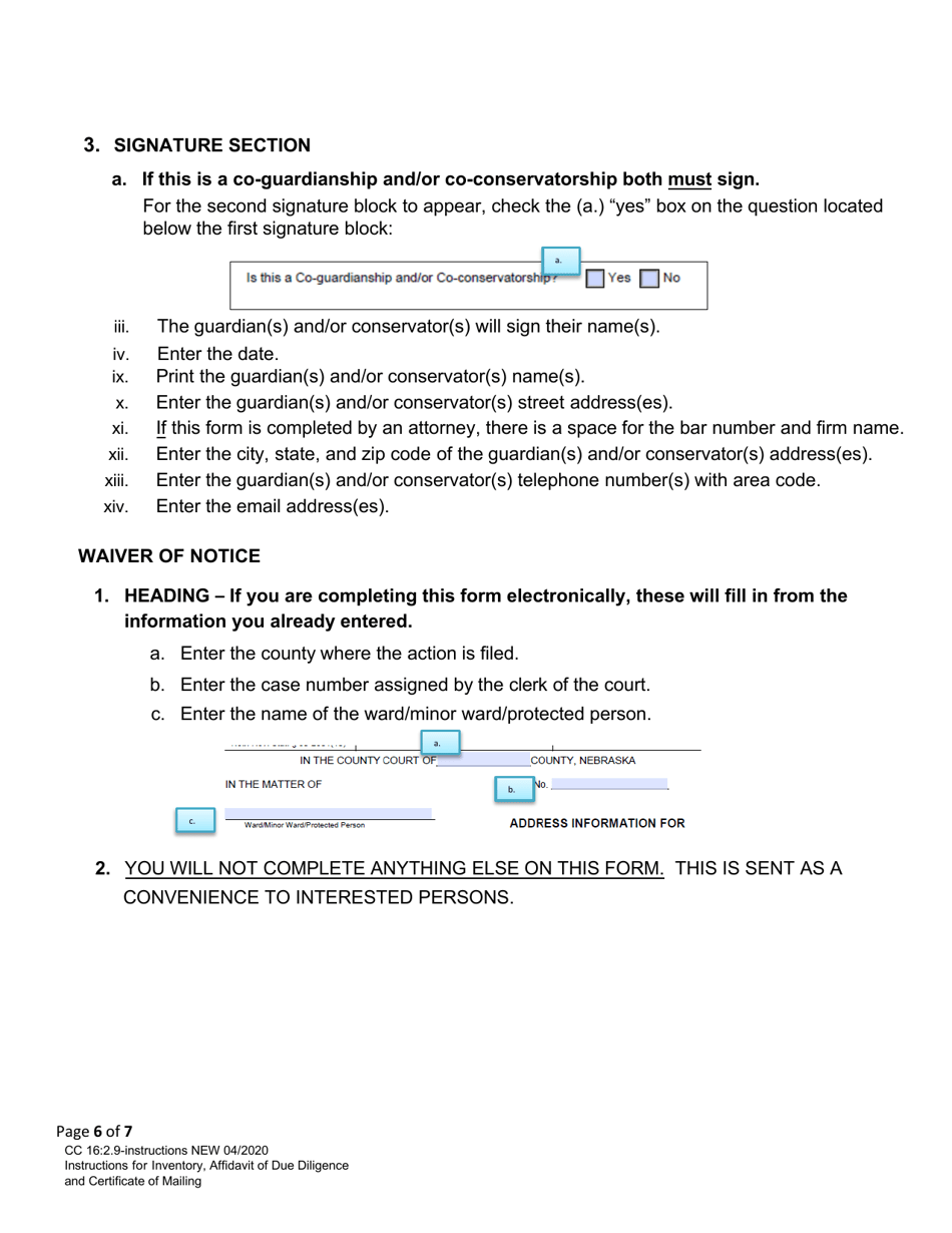 Instructions for Form CC16:2.9 Inventory, Affidavit of Due Diligence and Certificate of Mailing - Nebraska, Page 6