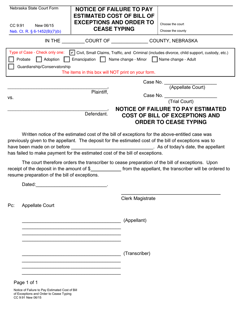 Form CC9:91 Notice of Failure to Pay Estimated Cost of Bill of Exceptions and Order to Cease Typing - Nebraska, Page 1