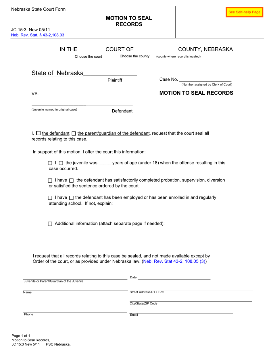 Form JC15:3 Motion to Seal Records - Nebraska, Page 1