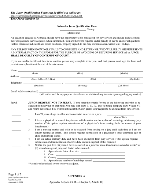 Form CH6ART10APPA Appendix A Nebraska Juror Qualification Form - Nebraska