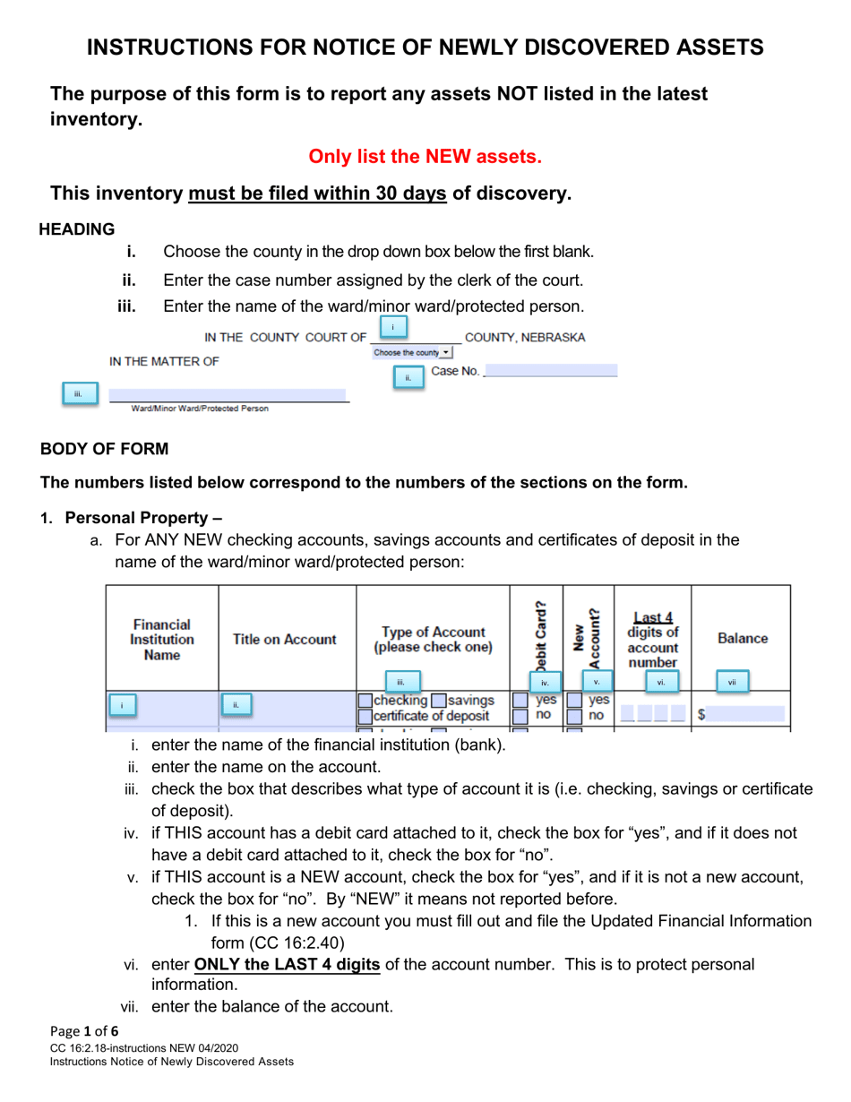 Instructions for Form CC16:2.18 Notice of Newly Discovered Assets - Nebraska, Page 1