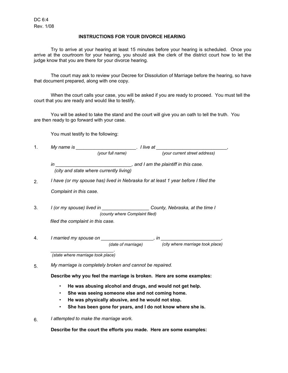 Form DC6:4 Instructions for Divorce Hearing - No Children - Nebraska, Page 1