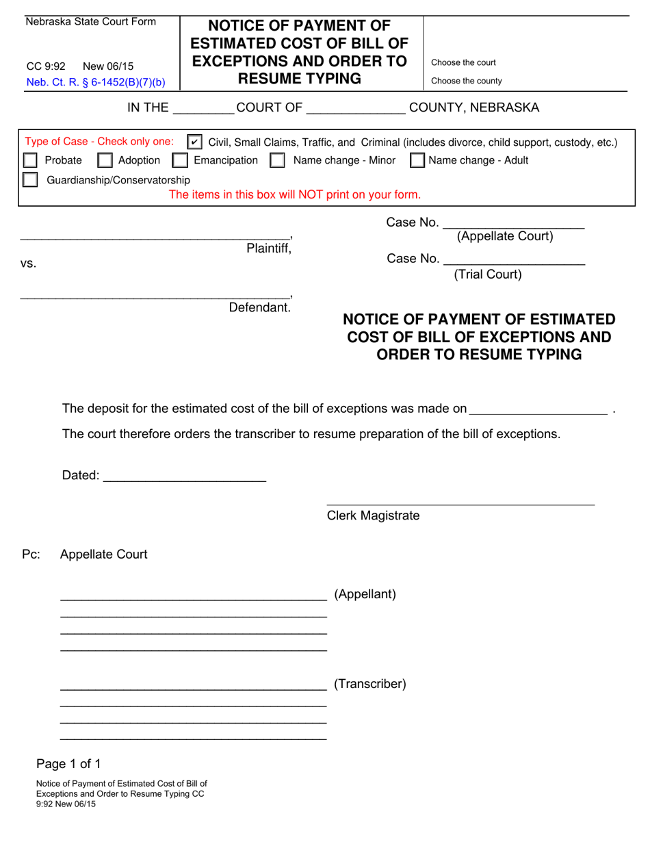 Form CC9:92 Notice of Payment of Estimated Cost of Bill of Exceptions and Order to Resume Typing - Nebraska, Page 1