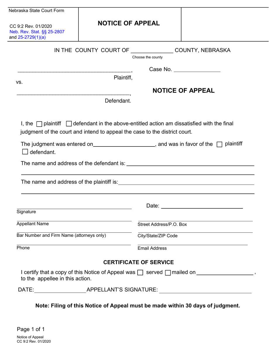 Form CC9:2 Notice of Appeal - Nebraska, Page 1