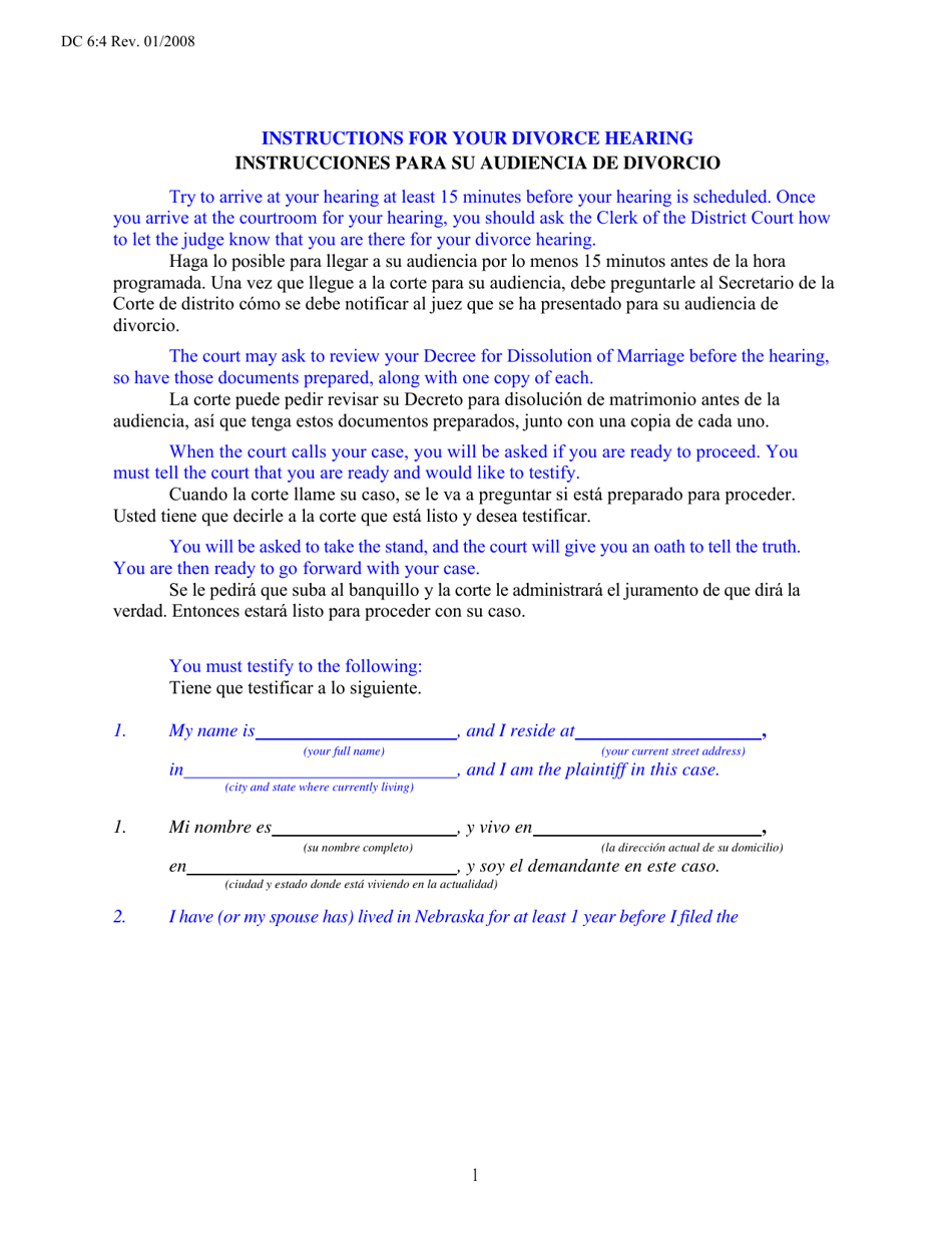 Instructions for Form DC6:4 Instructions for Divorce Hearing - No Children - Nebraska (English / Spanish), Page 1