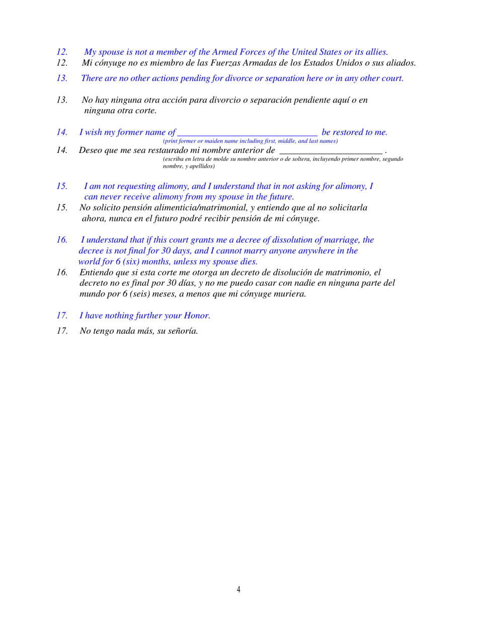 Instructions for Form DC6:4 Instructions for Divorce Hearing - No Children - Nebraska (English / Spanish), Page 4