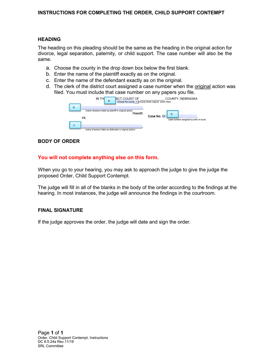 Instructions for Form DC6:5.24 Order (Child Support - Contempt) - Nebraska, Page 1