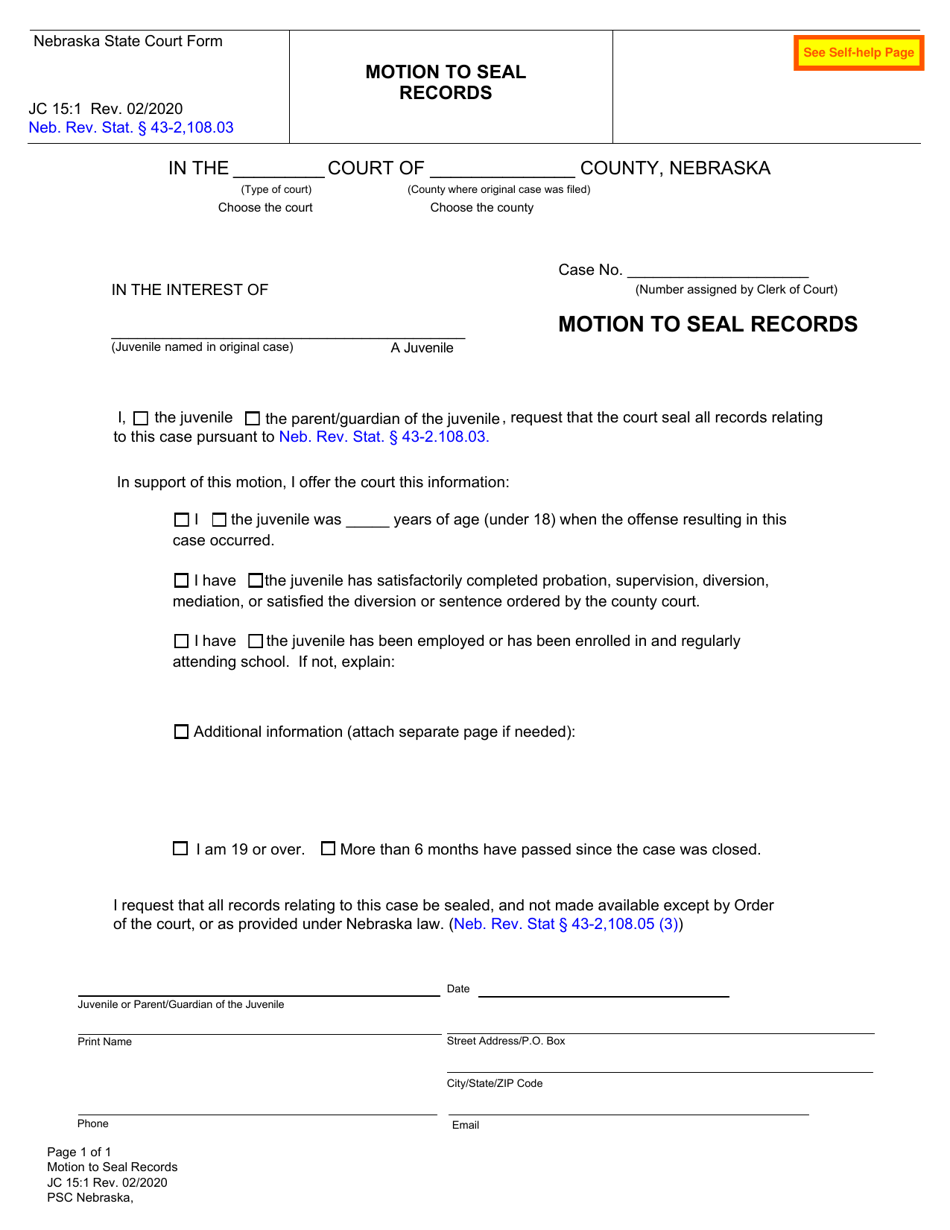 Form JC15:1 Motion to Seal Records - Nebraska, Page 1