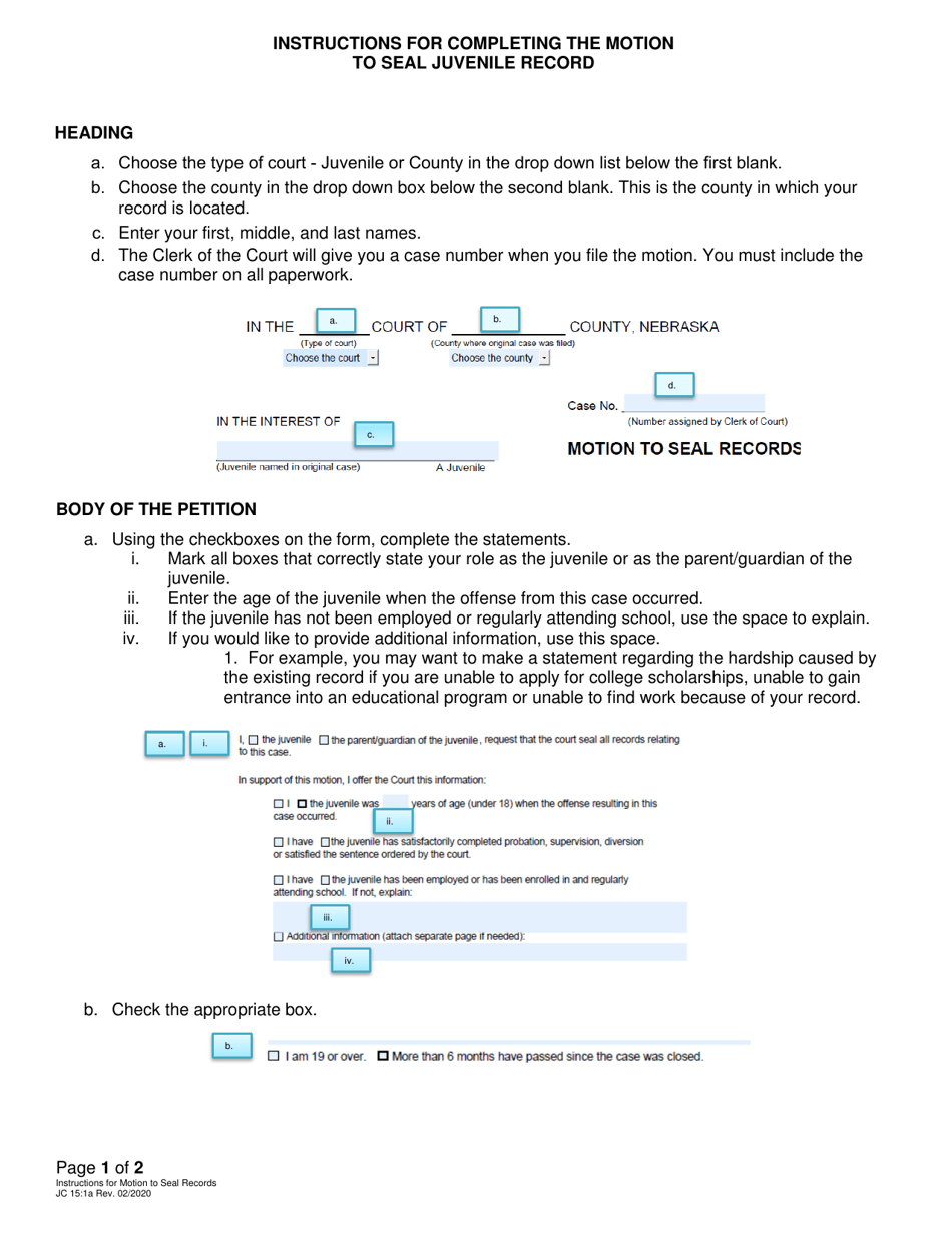 Instructions for Form JC15:1 Motion to Seal Records - Nebraska, Page 1