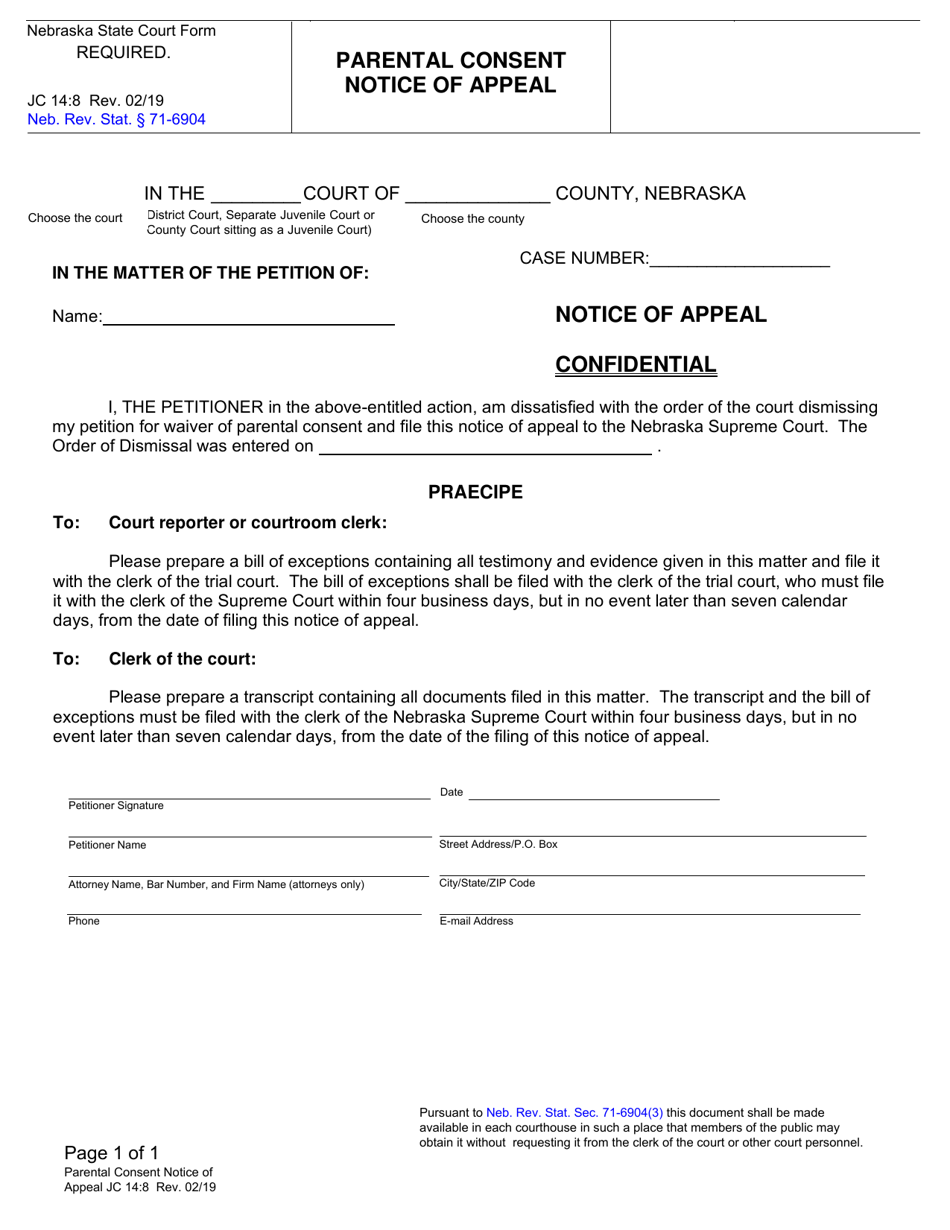 Form JC14:8 Parental Consent Notice of Appeal - Nebraska, Page 1