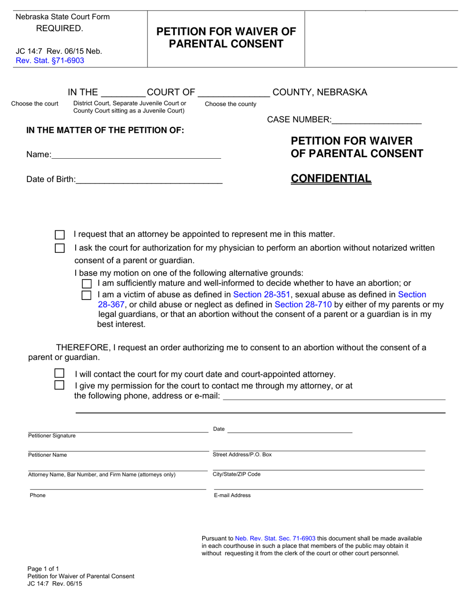 Form JC14:7 Petition for Waiver of Parental Consent - Nebraska, Page 1