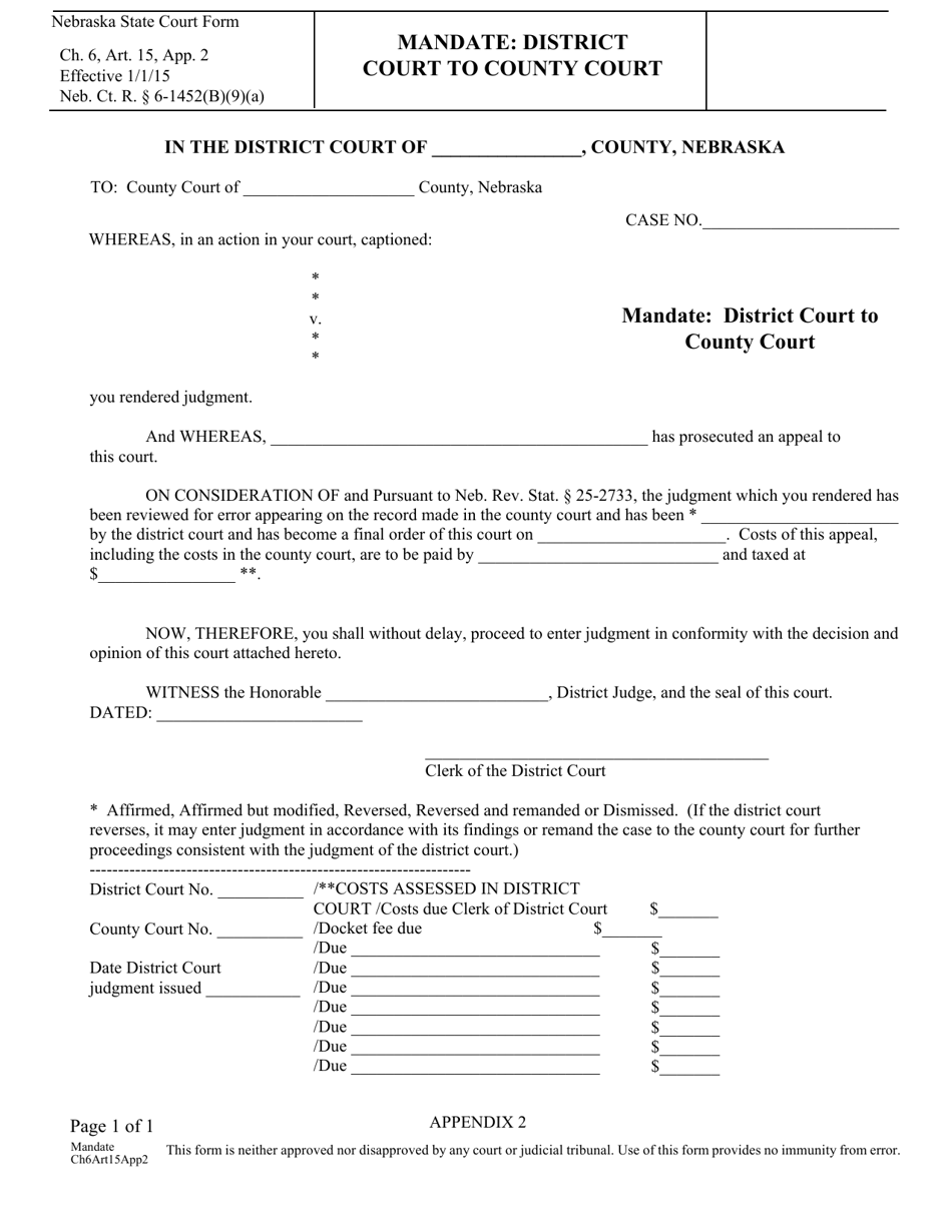 Form CH6ART15APP2 Mandate: District Court to County Court - Nebraska, Page 1